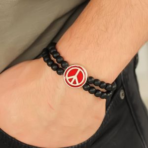 Bordo Renk  Renk Metal Barış Simgesi Tasarımlı Siyah Renk Mat Oniks Doğal Taş Erkek Bileklik - Görsel 1
