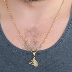 Gold Renk Metal Osmanlı Tuğra Figürlü Erkek Kolye - Görsel 1