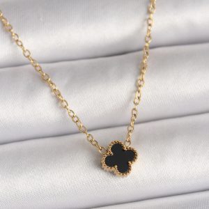 316L Çelik Gold Renk Siyah Yonca Model Kadın Kolye - Görsel 1