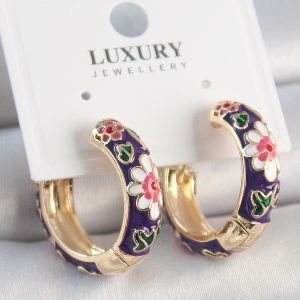 Pirinç Gold Renk Halka Model Mor Çiçek Mineli Kadın Küpe - Görsel 1