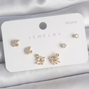 Pirinç Gold Renk Zirkon Taşlı Kuğu Model 925 Ayar Gümüş Çivi Kadın Küpe Seti - Görsel 1