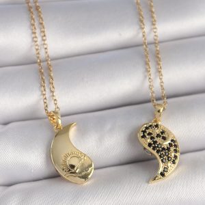 316L Çelik Gold Renk Zincir Zirkon Taşlı Ying Yang Model Gün Batımı İşlemeli Arkadaşlık Kadın Kolye - Görsel 2