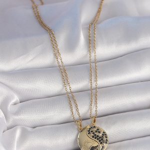 316L Çelik Gold Renk Zincir Zirkon Taşlı Ying Yang Model Gün Batımı İşlemeli Arkadaşlık Kadın Kolye - Görsel 3