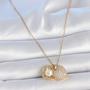 316L Çelik Gold Renk Zincir Zirkon Taşlı Açılır İncili Kalp Model Kadın Kolye - Görsel 2