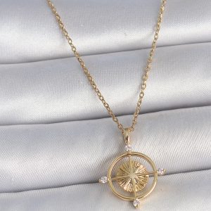 316L Çelik Gold Renk Zincir Zirkon Taşlı Pusula Model Kadın Kolye - Görsel 1