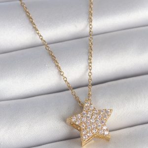 316L Çelik Gold Renk Zincir Zirkon Taşlı Yıldız Model Kadın Kolye - Görsel 1