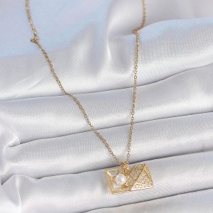 316L Çelik Gold Renk Zincir Zirkon Taşlı Açılır İncili Elmas Model Kadın Kolye - Görsel 2