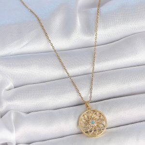316L Çelik Gold Renk Zincr Mavi Taşlı Lotus Model Kadın Kolye - Görsel 2