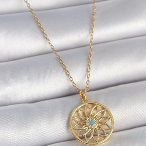 316L Çelik Gold Renk Zincr Mavi Taşlı Lotus Model Kadın Kolye - Görsel 1