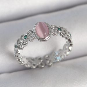 Pirinç Gümüş Renk Zirkon Taş Detaylı Pembe Mineli Damla Model Ayarlanabilir Kadın Yüzük - Görsel 1