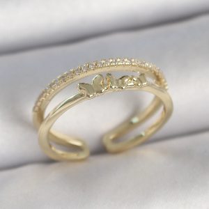 Pirinç Gold Renk 2'Li Sıra Zirkon Taş Detaylı Kelebek Figürlü Ayarlanabilir Model Kadın Yüzük - Görsel 1