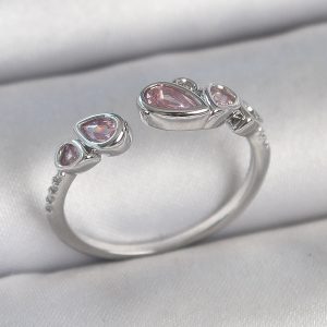 Pirinç Gümüş Renk Pembe Damla Zirkon Taşlı Ayarlanabilir Model Kadın Yüzük - Görsel 1