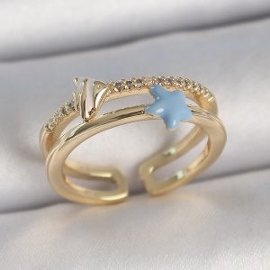 Pirinç Gold Renk 2'Li Zirkon Taşlı Mavi Yıldız Figür Ayarlanabilir Kadın Yüzük - Görsel 1