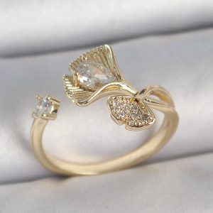 Pirinç Gold Renk Zirkon Taşlı Deniz Kabuğu Model Ayarlanabilir Kadın Yüzük - Görsel 1