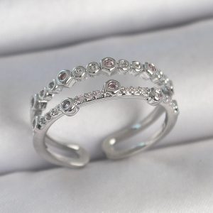 Pirinç Gümüş Renk 2'Li Zirkon Taşlı Ayarlanabilir Model Kadın Yüzük - Görsel 1