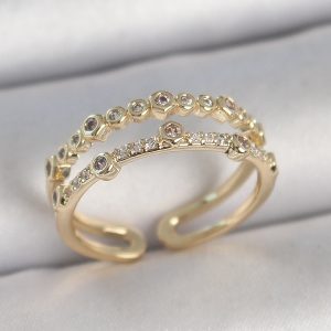 Pirinç Gold Renk 2'Li Sıralı Zirkon Taşlı Ayarlanabilir Model Kadın Yüzük - Görsel 1