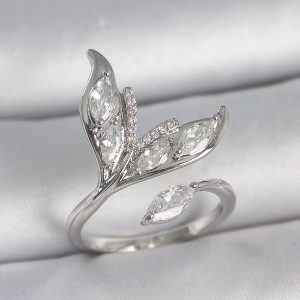 Pirinç Gümüş Renk Zirkon Taşlı Balık Kuyruğu Model Ayarlanabilir Kadın Yüzük - Görsel 1