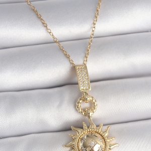 316L Çelik Gold Renk Zirkon Taşlı Sallantı Güneş Model Kadın Kolye - Görsel 1