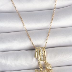 316L Çelik Gold Renk Zirkon Taşlı Sallantı Melek Figür Charm Kadın Kolye - Görsel 1
