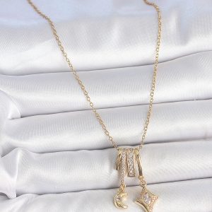 316L Çelik Gold Renk Zirkon Taşlı Sallantı Ay Yıldız Figür Charm Kadın Kolye - Görsel 2