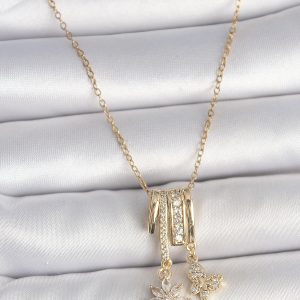 316L Çelik Gold Renk Sallantı Zirkon Taşlı Çiçek Kelebek Figür Charm Kadın Kolye - Görsel 1