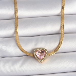 316L Çelik Gold Renk İtalyan Zincir Pembe Zirkon Taşlı Kalp Model Kadın Kolye - Görsel 1