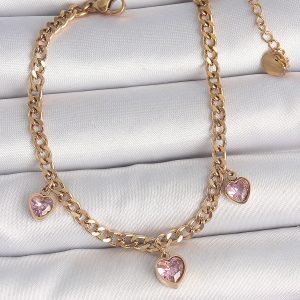 316L Çelik Gold Renk Zincir Sallantı Pembe Zirkon Taşlı Kalp Model Kadın Bileklik - Görsel 1
