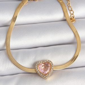 316L Çelik Gold Renk İtalyan Zincir Pembe Zirkon Taşlı Kalp Model Kadın Bileklik - Görsel 1