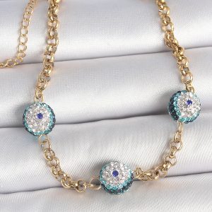 316L Çelik Gold Renk Zirkon Taşlı Nazar Boncuk Model Kadı Bileklik - Görsel 1