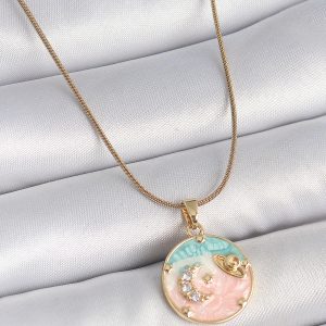 316L Çelik Gold Renk Zincir Mix Renk Mineli Zirkon Taşlı Gezegen İşlemeli Yıldız Detay Madalyon Model Kadın Kolye - Görsel 1