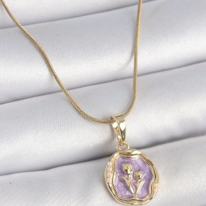 316L Çelik Gold Renk Zincir Mor Mineli Çiçek İşlemeli Portre Model Kadın Kolye - Görsel 1