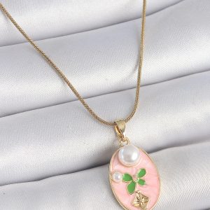 316L Çelik Gold Renk Zincir Pembe Mineli Oval İncili Çiçek İşlemeli Portre Model Kadın Kolye - Görsel 1