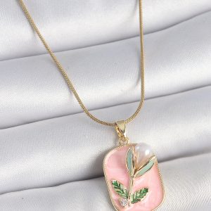 316L Çelik Gold Renk Zincir Pembe Mineli İncili Çiçek İşlemeli Portre Model Kadın Kolye - Görsel 1