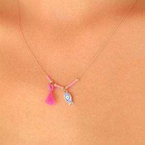 Nazar Boncuklu Pembe Renk Taşlı Rose Bayan Kolye - Görsel 1