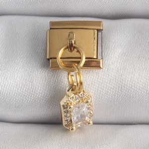 316L Çelik Gold Renk Sallantı Zirkon Taşlı Kare Model Nomination Charm - Görsel 1