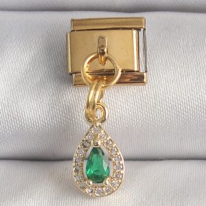 316L Çelik Gold Renk Sallantı Damla Yeşil Zirkon Taşlı Nomination Charm - Görsel 1