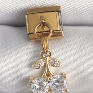 316L Çelik Gold Renk Sallantı Zirkon Taşlı Kiraz Model Nomination Charm - Görsel 1