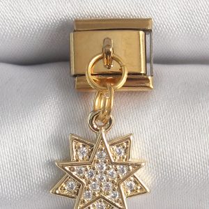 316L Çelik Gold Renk Sallantı Zirkon Taşlı Yıldız Model Nomination Charm - Görsel 1