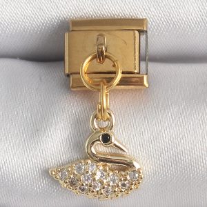 316L Çelik Gold Renk Sallantı Zirkon Taşlı Kuğu Model Nomination Charm - Görsel 1