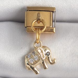 316L Çelik Gold Renk Sallantı Zirkon Taşlı Fil Model Nomination Charm - Görsel 1