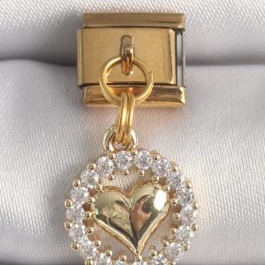 316L Çelik Gold Renk Sallantı Zirkon Taşlı Kalp Model Nomination Charm - Görsel 1