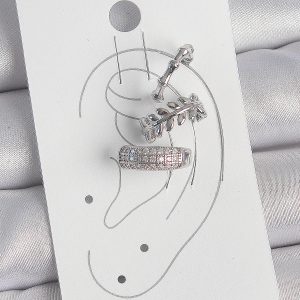 Pirinç Gümüş Renk Zirkon Taşlı 3'Lü Model Yaprak Figür Kadın Kıkırdak Küpe - Görsel 2