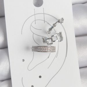 Pirinç Gümüş Renk Zirkon Taşlı 3'Lü Model Kare Bambu Model Kadın Kıkırdak Küpe - Görsel 2