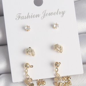 Pirinç Gold Renk Zirkon Taşlı Sallantılı Pul Model 3 Çift Kadın Küpe Seti - Görsel 1