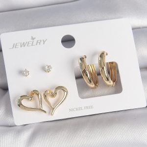 Pirinç Gold Renk Zirkon Taşlı Halka Model Kalp Detay 3 Çift Kadın Küpe Seti - Görsel 1