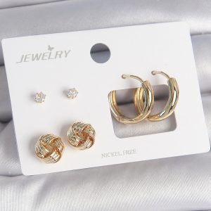 Pirinç Gold Renk Zirkon Taşlı Halka Model Burgu Detay 3 Çift Kadın Küpe Seti - Görsel 1