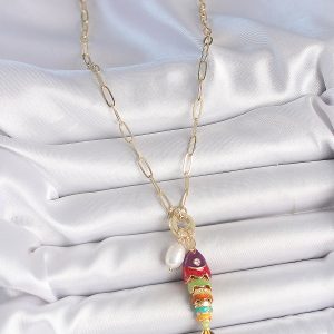 İnci Detaylı Zirkon Taşlı Rainbow Balık Figürlü Gold Renk Pirinç Kolye - Görsel 2