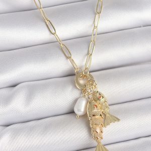 İnci Detaylı Zirkon Taşlı Çiftli Balık Figürlü Gold Renk Pirinç Kolye - Görsel 1