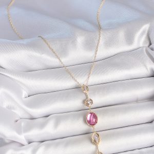 Pirinç Zincir Gold Renk Pembe Zirkon Taşlı Y Kolye - Görsel 2