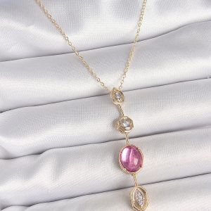 Pirinç Zincir Gold Renk Pembe Zirkon Taşlı Y Kolye - Görsel 1